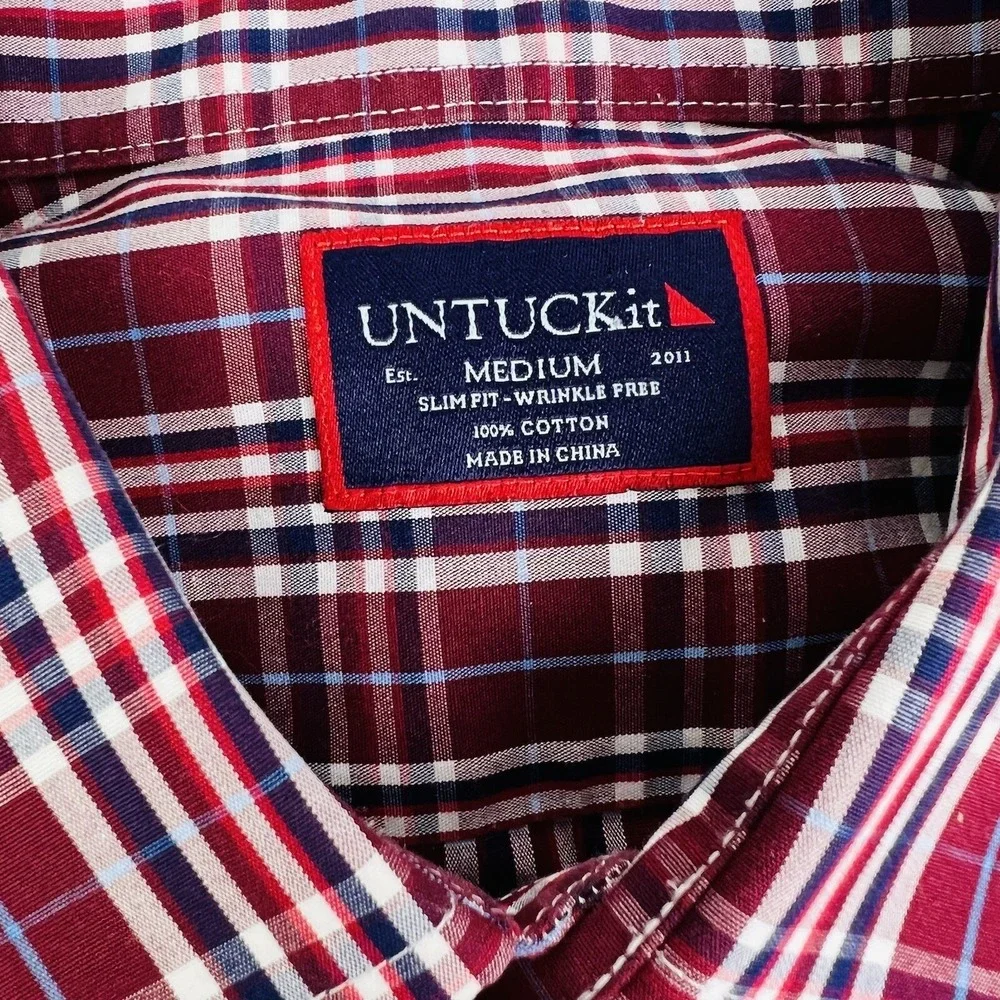 UNTUCKit Red Blue White Plaid Slim Fit Wrinkle Free Cotton‎ Btn Down Medium M